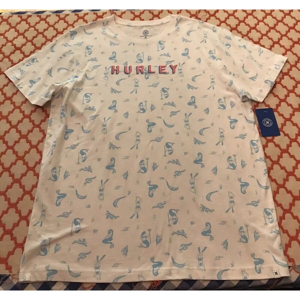 Hurley surfer t-shirt deep sea mermaids divers white New Embroidered Siz…
